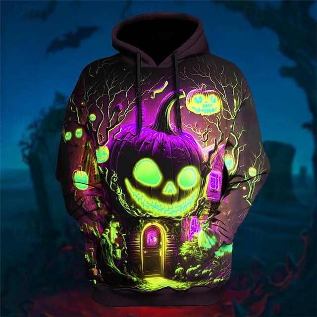 Seasonal Graphic Pumpkin Print 3D Pullover Hoodie for Halloween and Holiday Outings in Blue, Purple, and Green Cotton